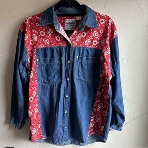 Andrew’s Blues Pearl Snap Patchwork Handkerchief Western Blouse Sz M Countrycore